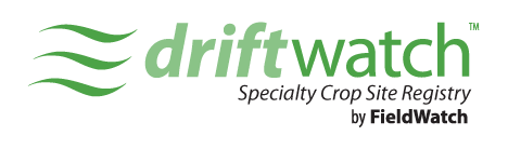 Drift Watch Logo. Three green wavy stripes. Specialty Crop Site Registry by Field Watch